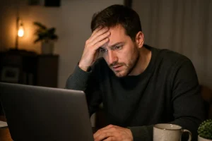 גבר צעיר מול מחשב נייד בערב, אוחז את מצחו בדאגה, חרדה בעקבות חיפוש מידע רפואי ברשת