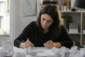 אישה משרטטת שוב ושוב, מוקפת דפים מקומטים, פרפקציוניזם