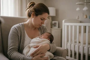 אם טרייה מחזיקה את תינוקה הישן ומביטה בו ברוך ובדאגה, מניעת OCD אחרי לידה