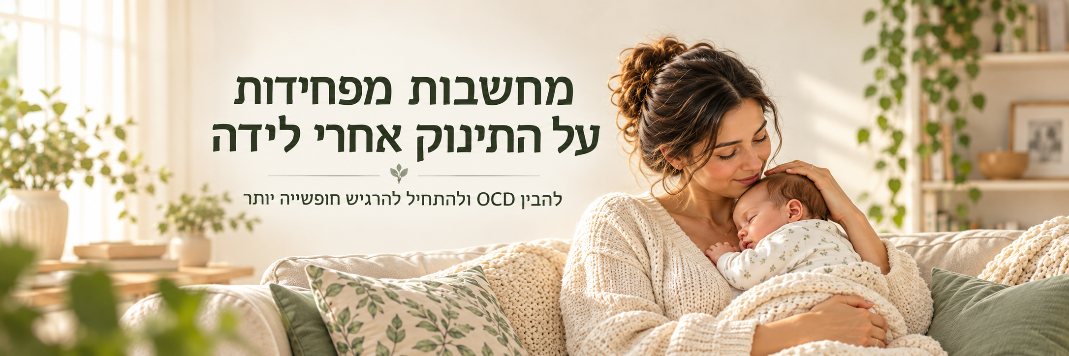 אם מחבקת תינוק ישן על ספה